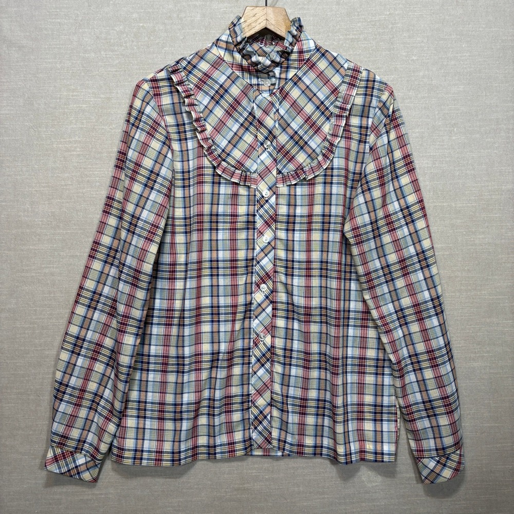 John Matthew Plaid Button Up Shirt Size L Ruffle Collar Long‎ Sleeve READ
